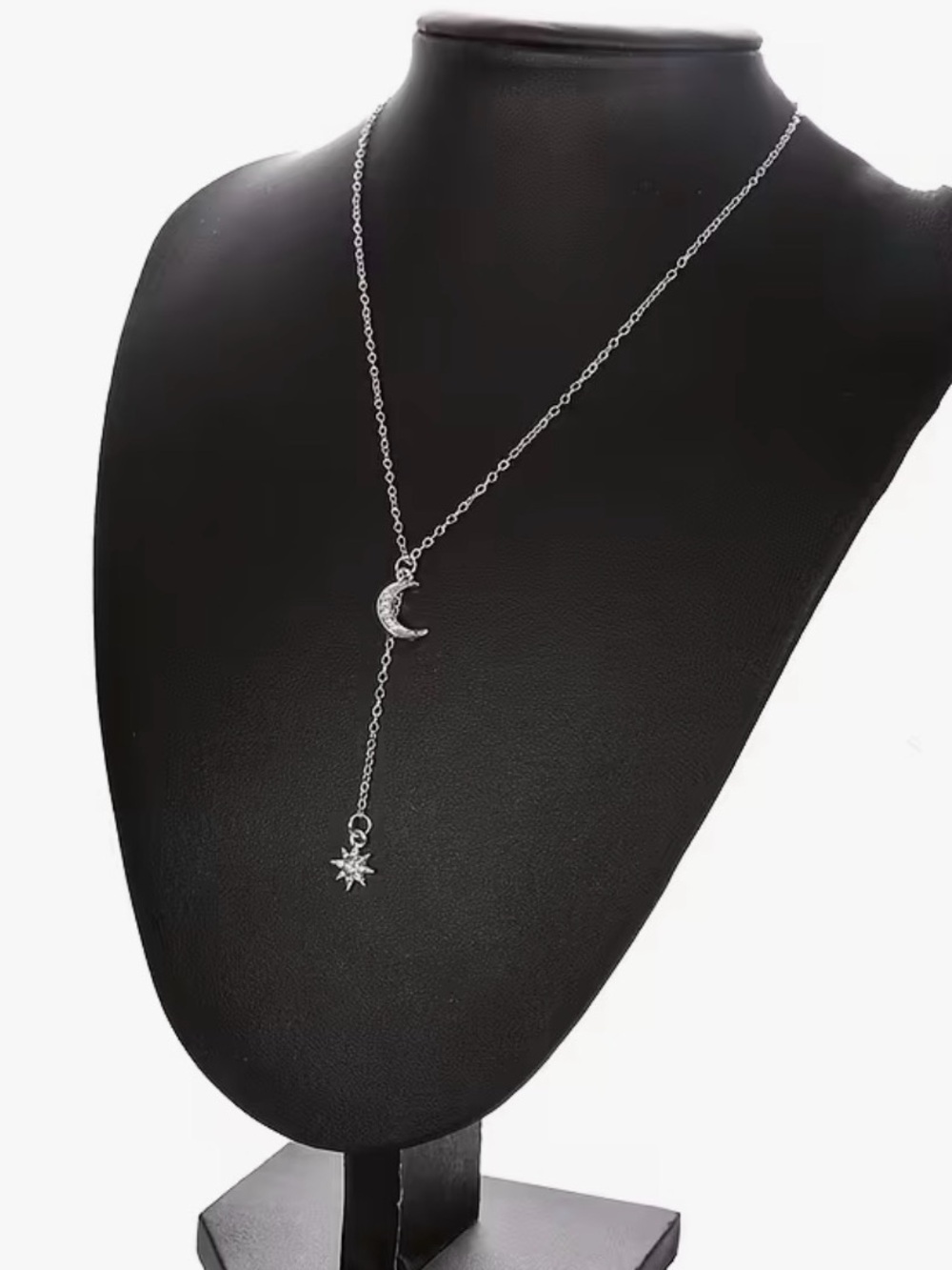 Sparkly CZ Platinum Plated Moon & Star Lariat Necklace - Women's Jewelry. New.